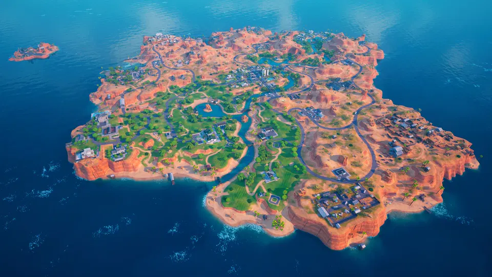 Fortnite – ostrov z letecké perspektivy, oficiální screenshot